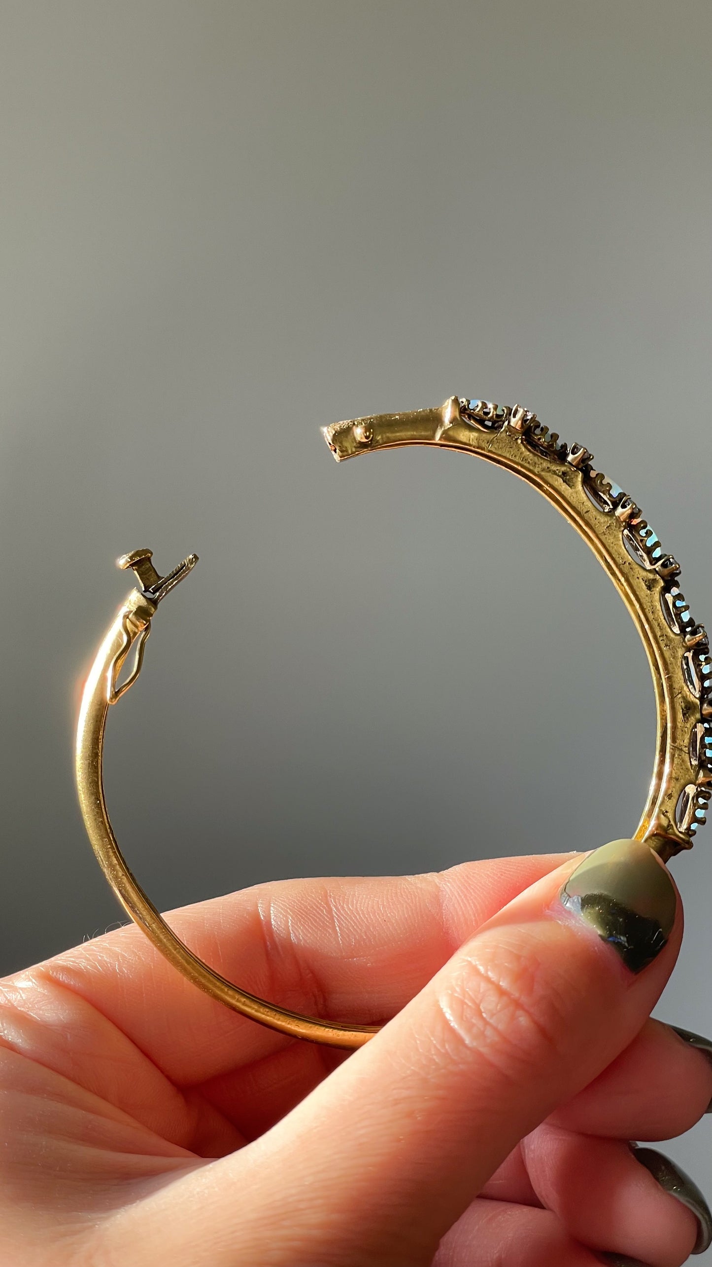 Vintage 14k Yellow Gold Opal and Diamond Hinged Bangle