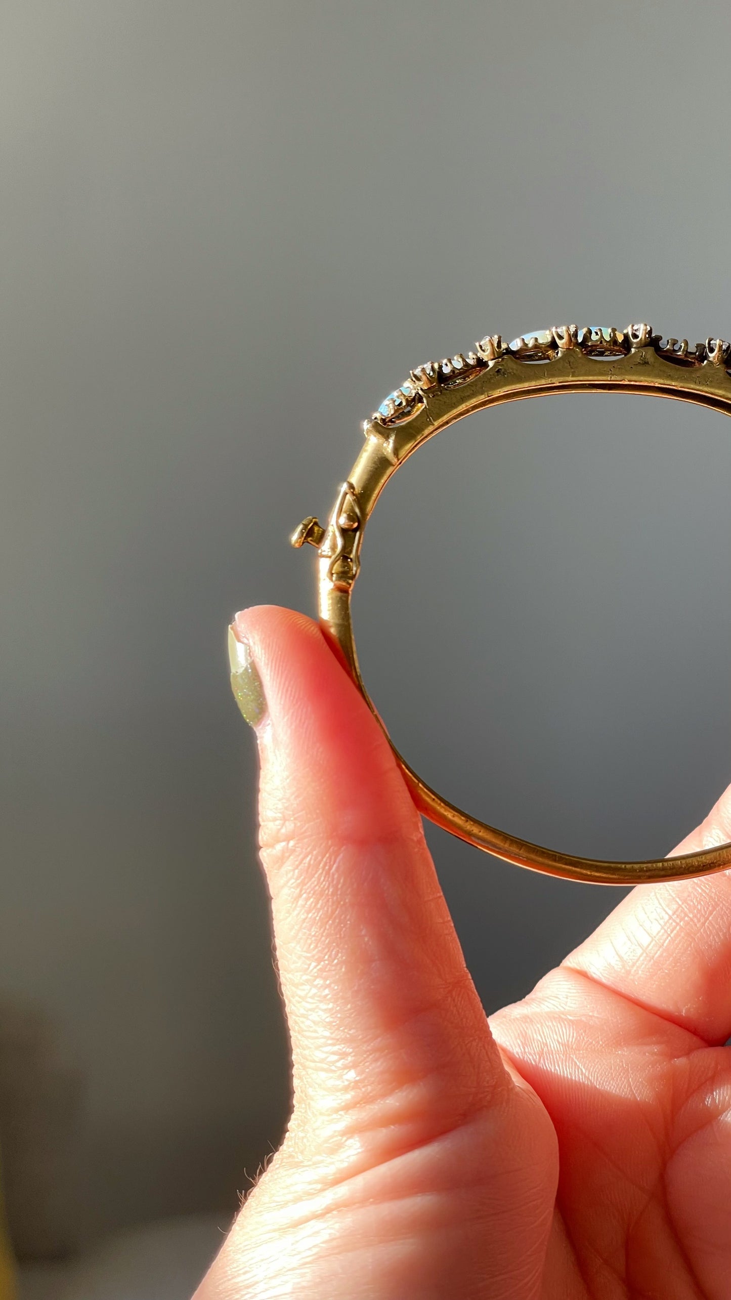 Vintage 14k Yellow Gold Opal and Diamond Hinged Bangle
