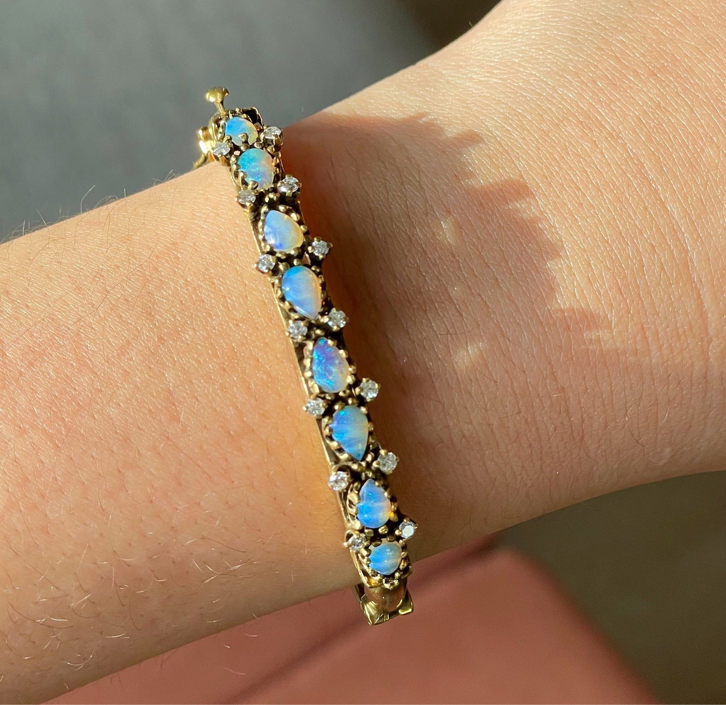 Vintage 14k Yellow Gold Opal and Diamond Hinged Bangle