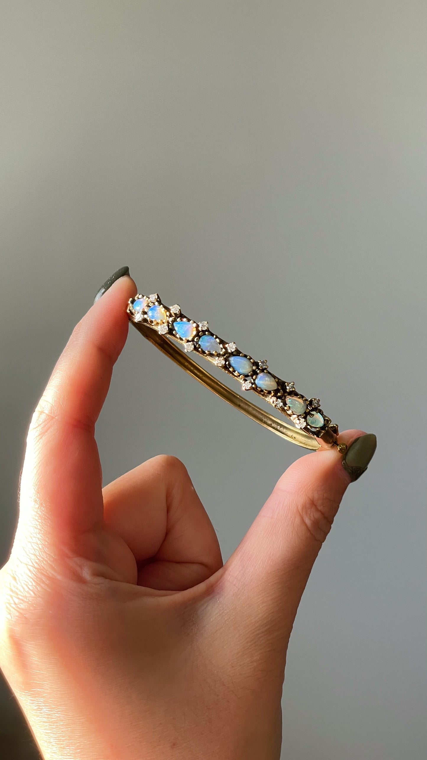 Vintage 14k Yellow Gold Opal and Diamond Hinged Bangle
