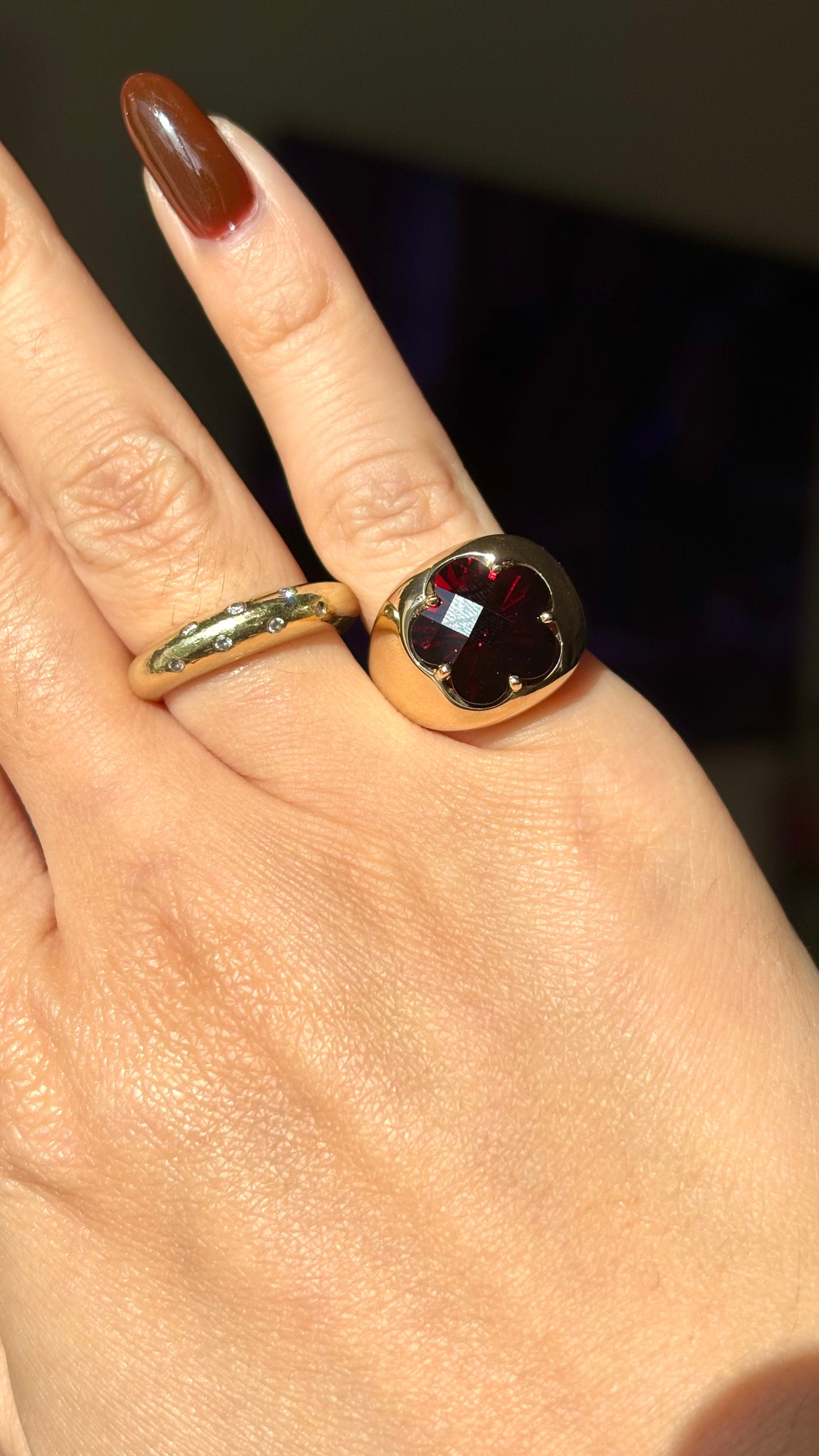Large Garnet Floral Pinky Ring