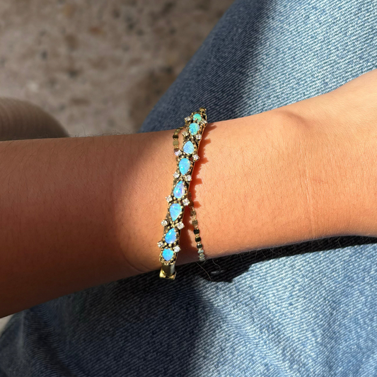 Vintage 14k Yellow Gold Opal and Diamond Hinged Bangle